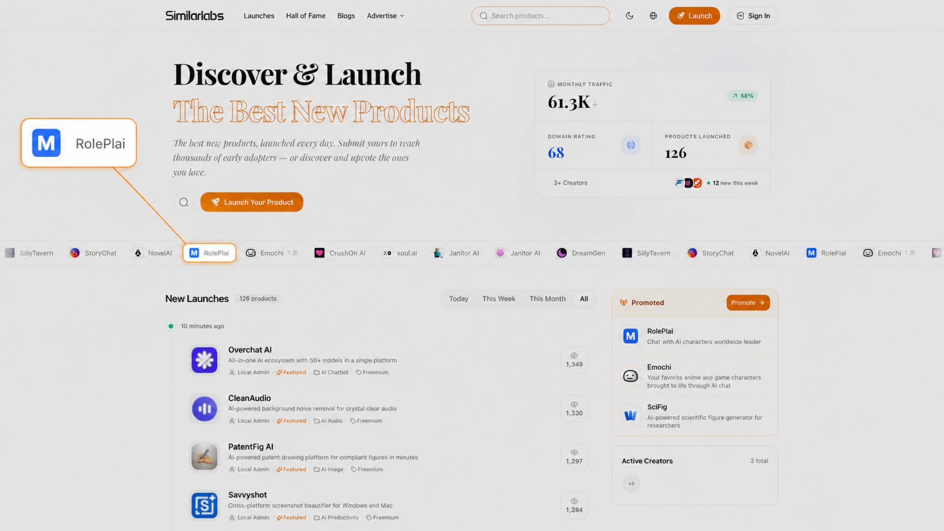 SimilarLabs 首页中放大的 RolePlai 产品与滚动产品条真实位置的连接示意
