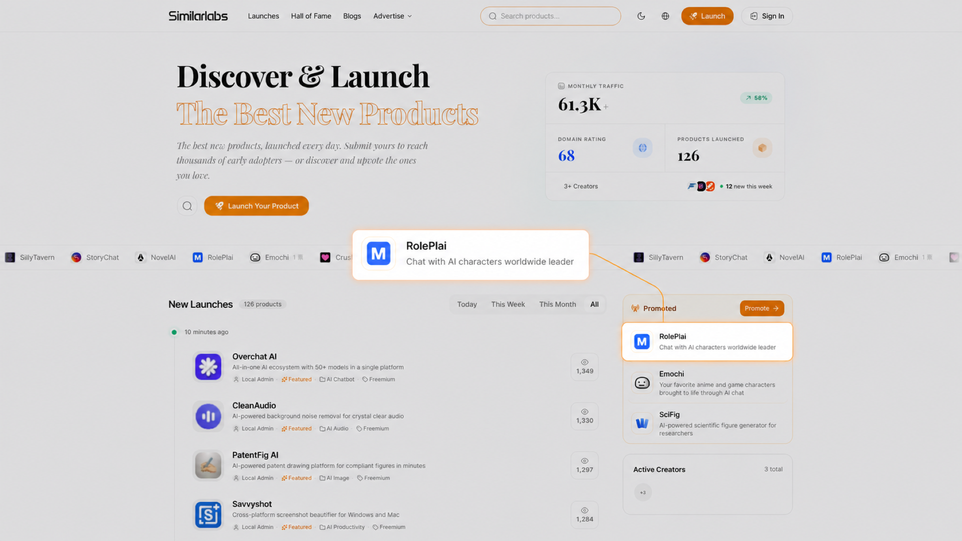SimilarLabs 首页中放大的 RolePlai 推广条目与推广侧栏真实位置的连接示意