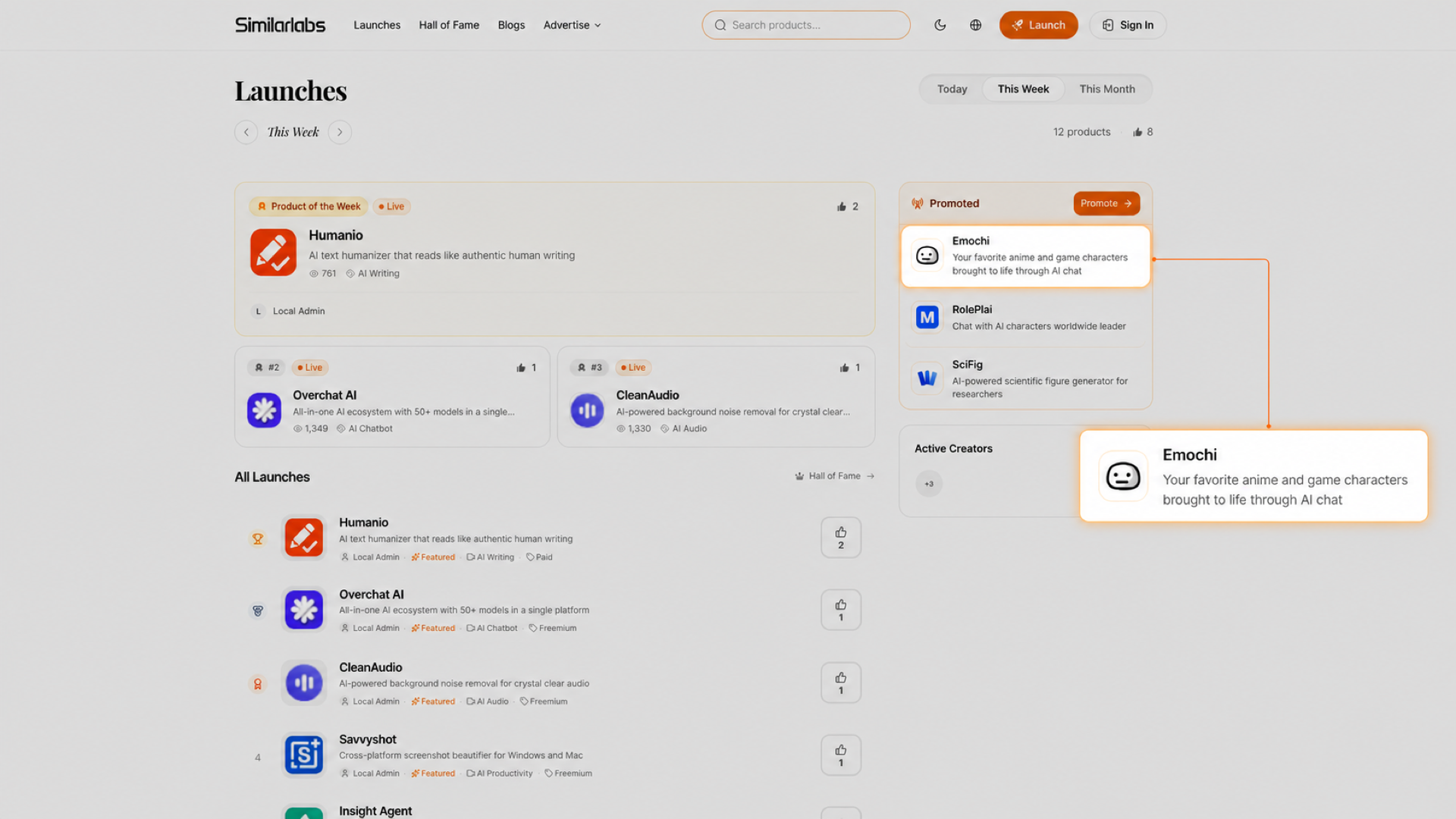 SimilarLabs 每周 Launch 页面中放大的 Emochi 条目与推广侧栏真实位置的连接示意