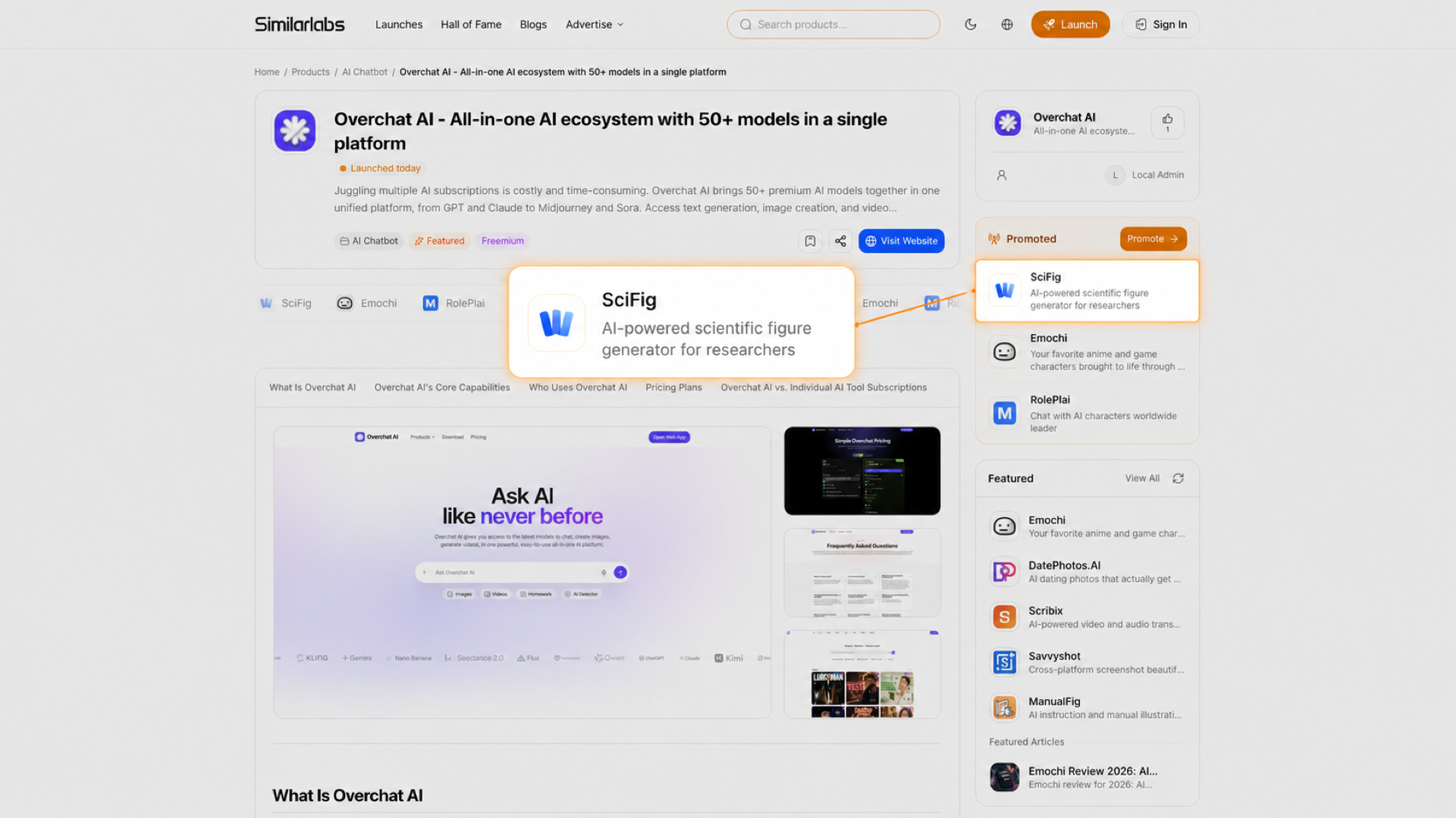 SimilarLabs Overchat AI 详情页中放大的 SciFig 条目与推广侧栏真实位置的连接示意