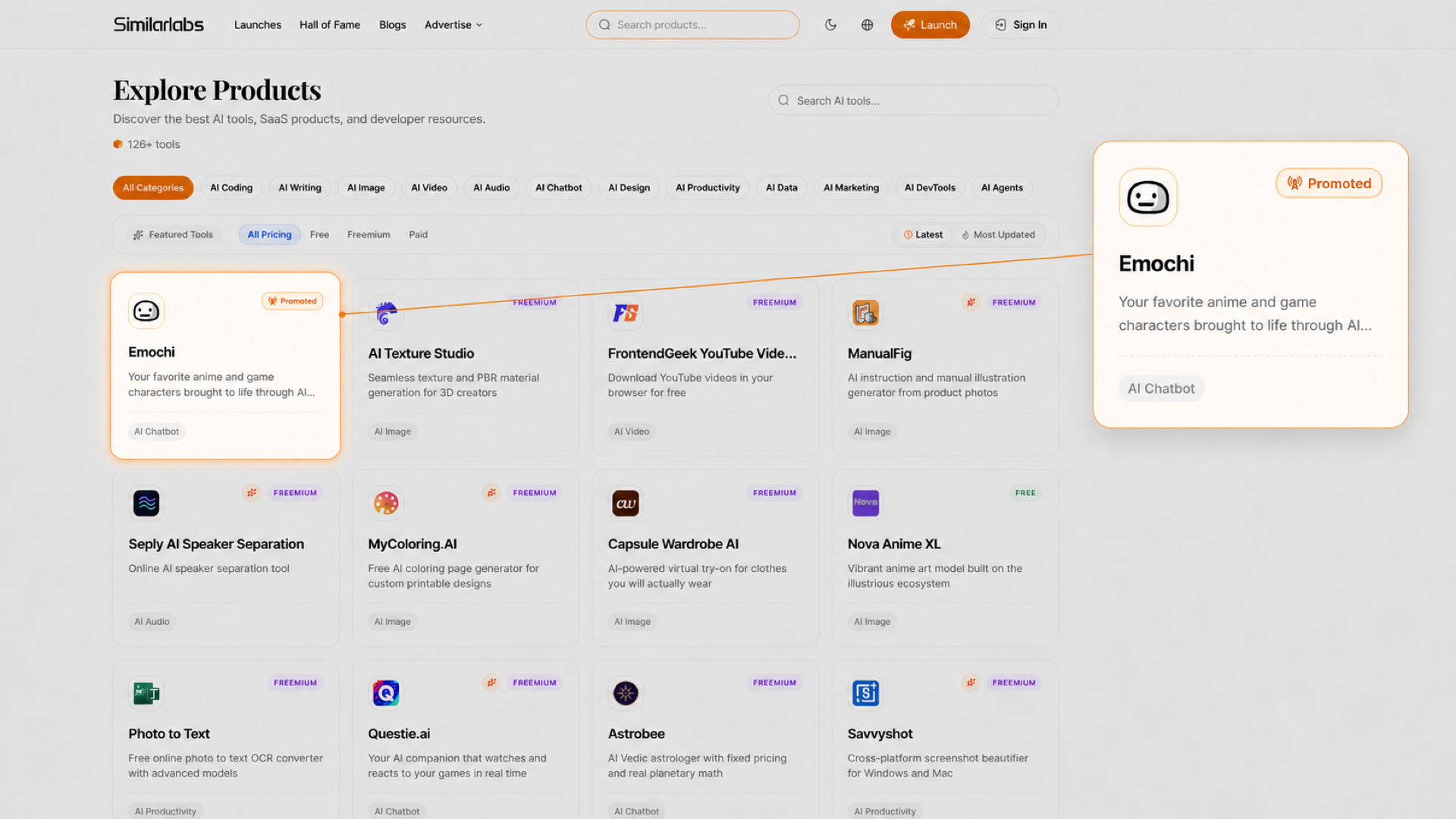 SimilarLabs 产品列表中放大的 Emochi 推广卡片及其在列表首位的真实位置