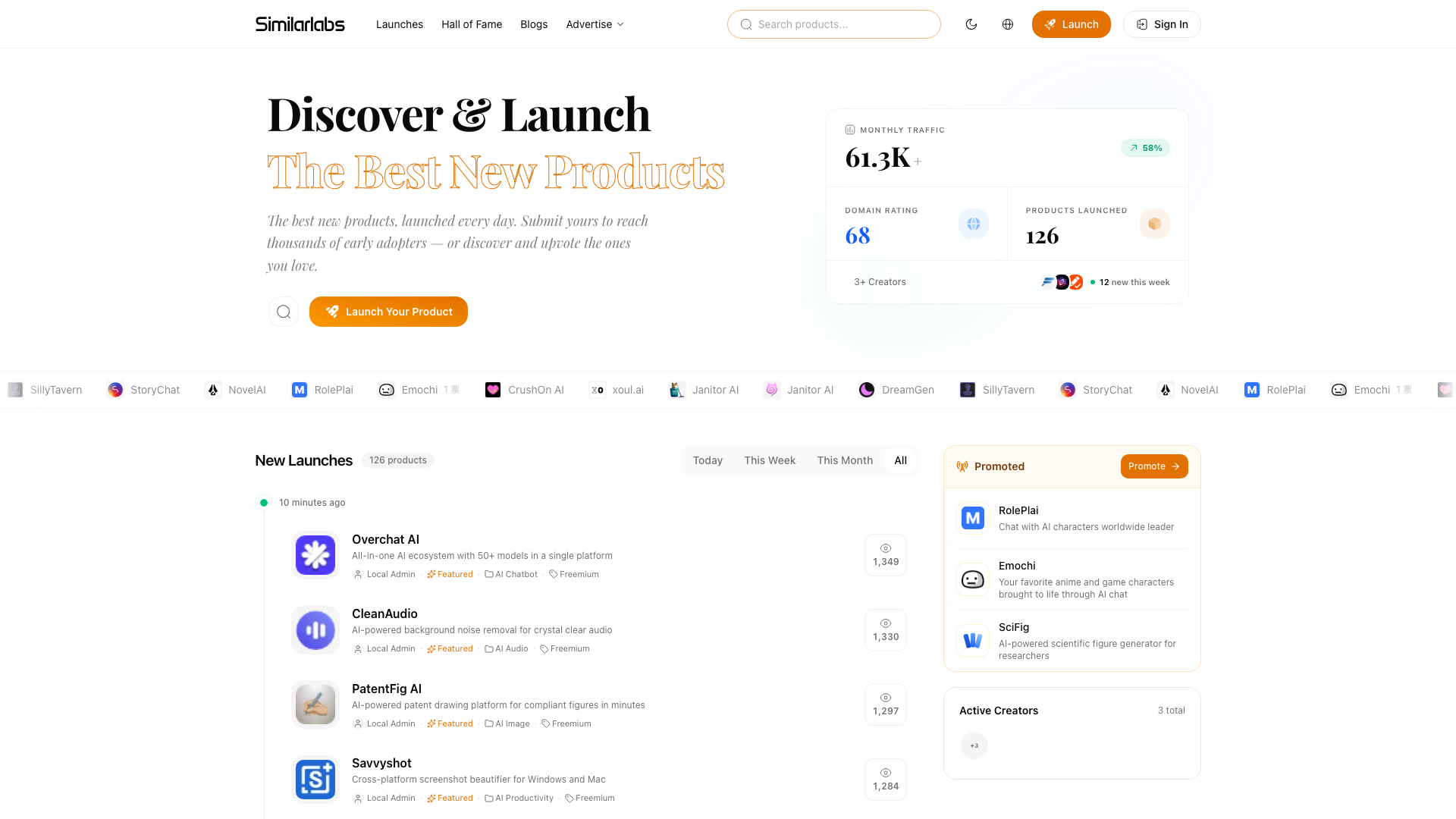 SimilarLabs-Startseite mit hervorgehobenem Feed für neue Launches
